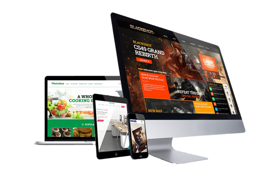 Graphic and web designs displayed across desktop, tablet, and phone